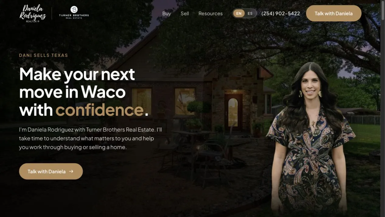 Dani Sells Texas preview homepage with Daniela Rodriguez in front of a Waco home