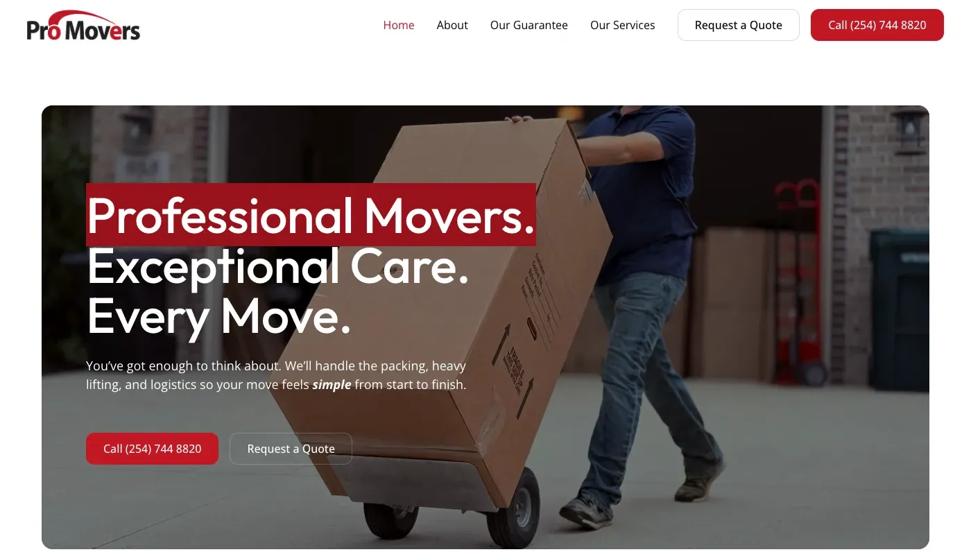 Pro Movers USA website with a direct service offer and contact path