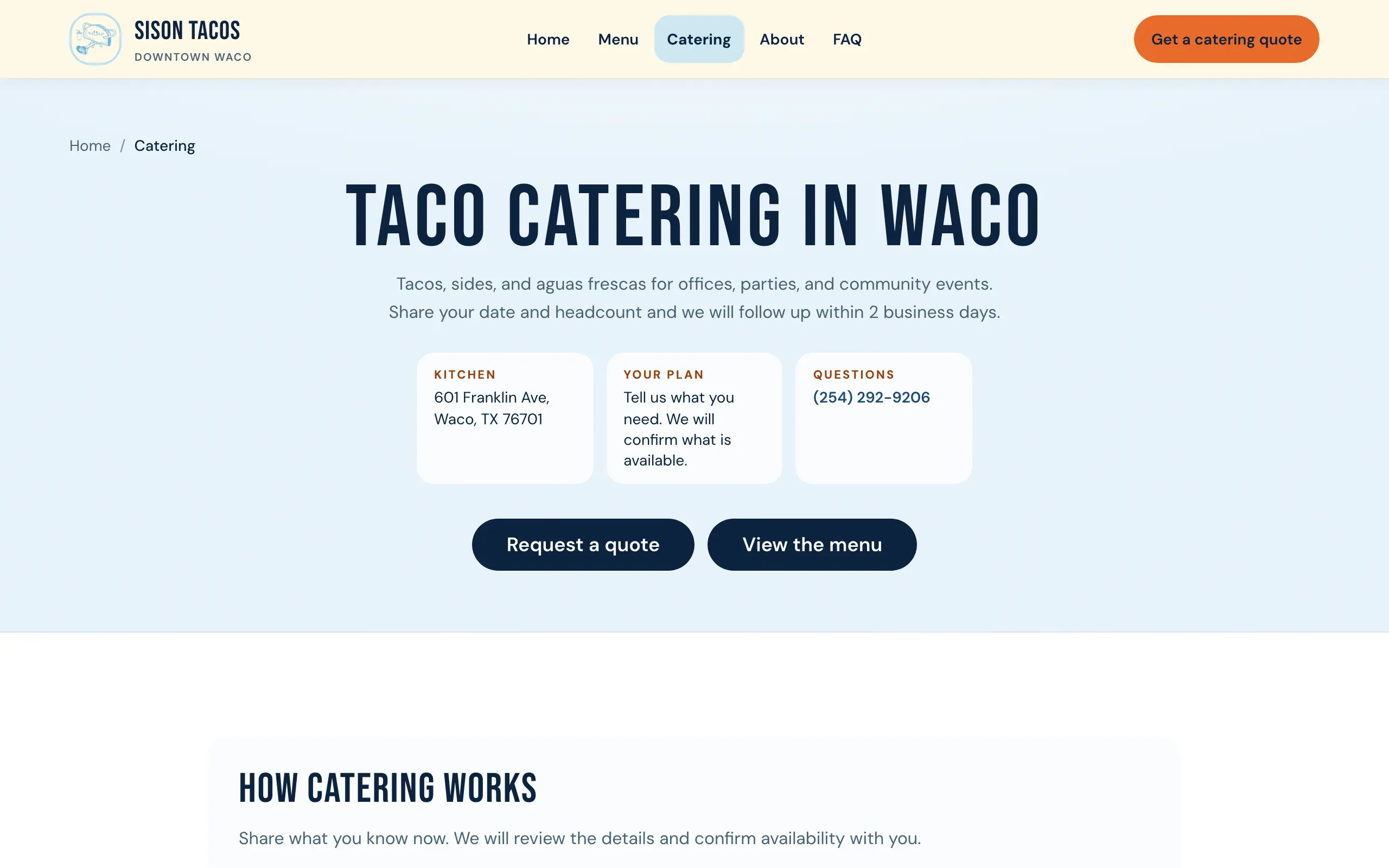 Sison Tacos catering page with inquiry details