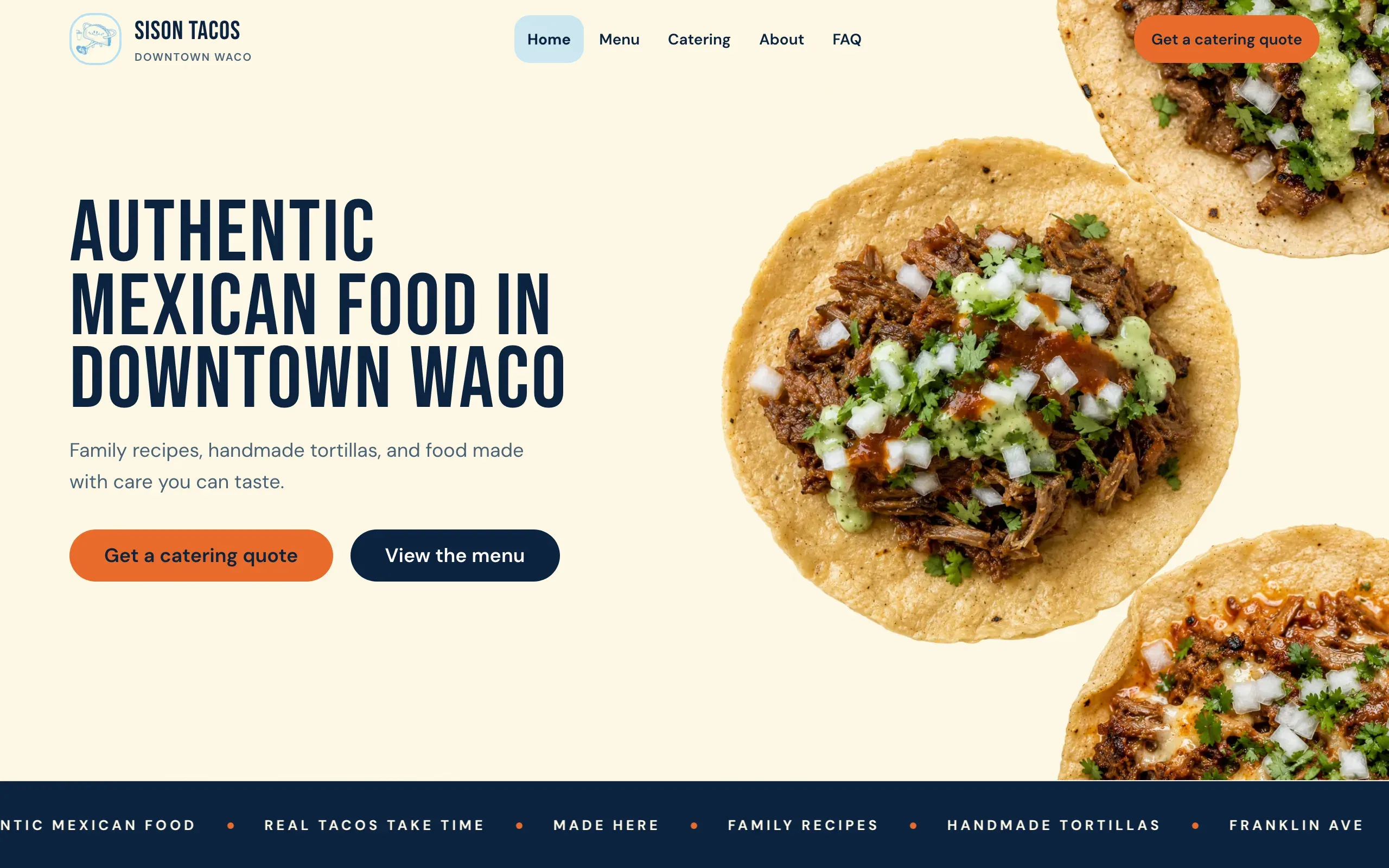Sison Tacos homepage with downtown Waco headline and taco photography