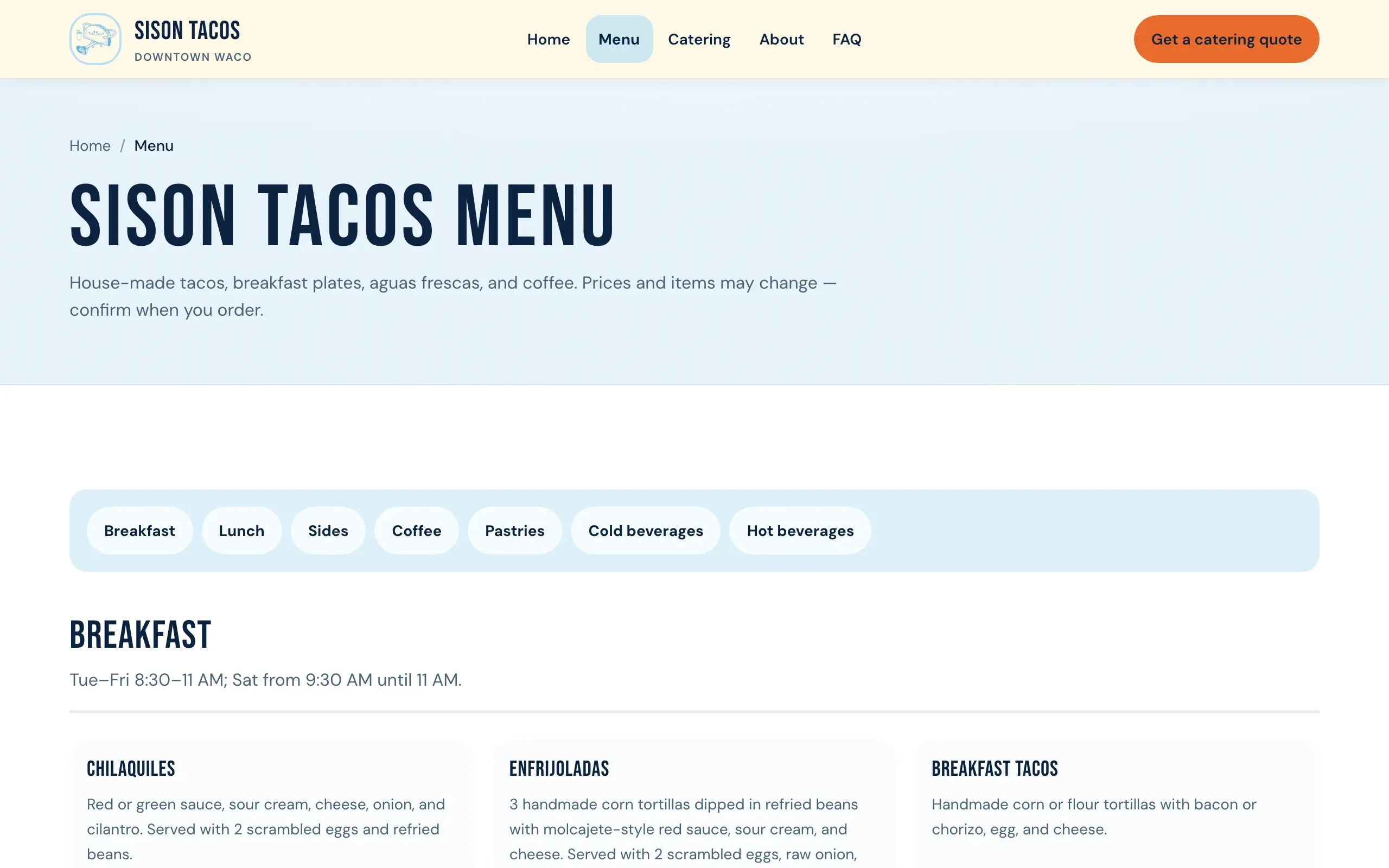 Sison Tacos menu board with category filters and breakfast items