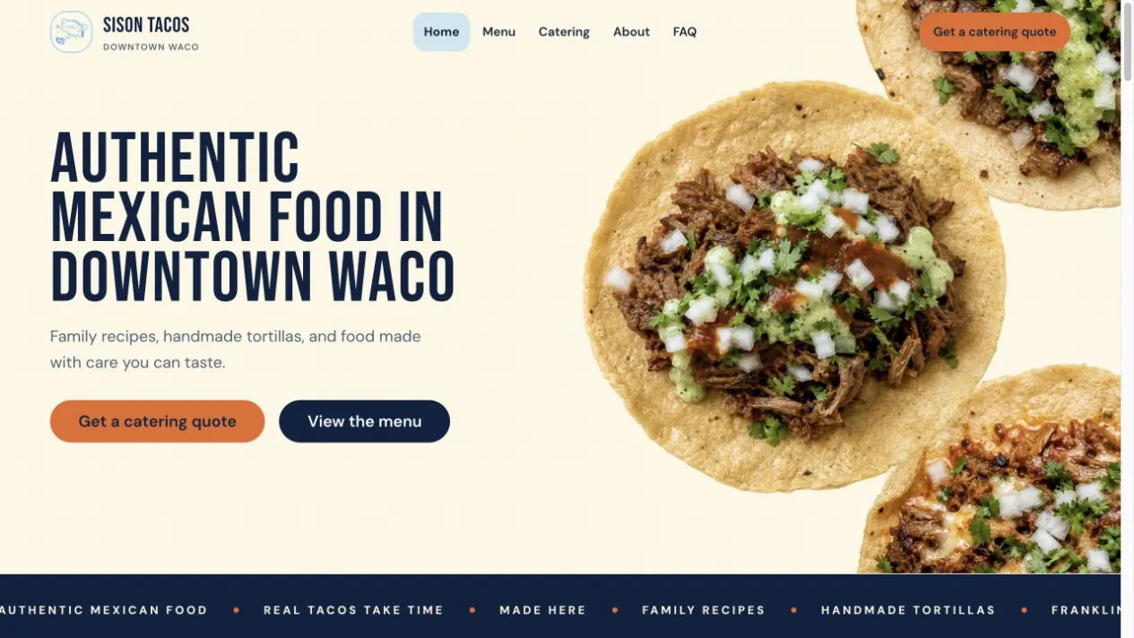 Sison Tacos homepage with the heading Authentic Mexican food in downtown Waco and three tacos
